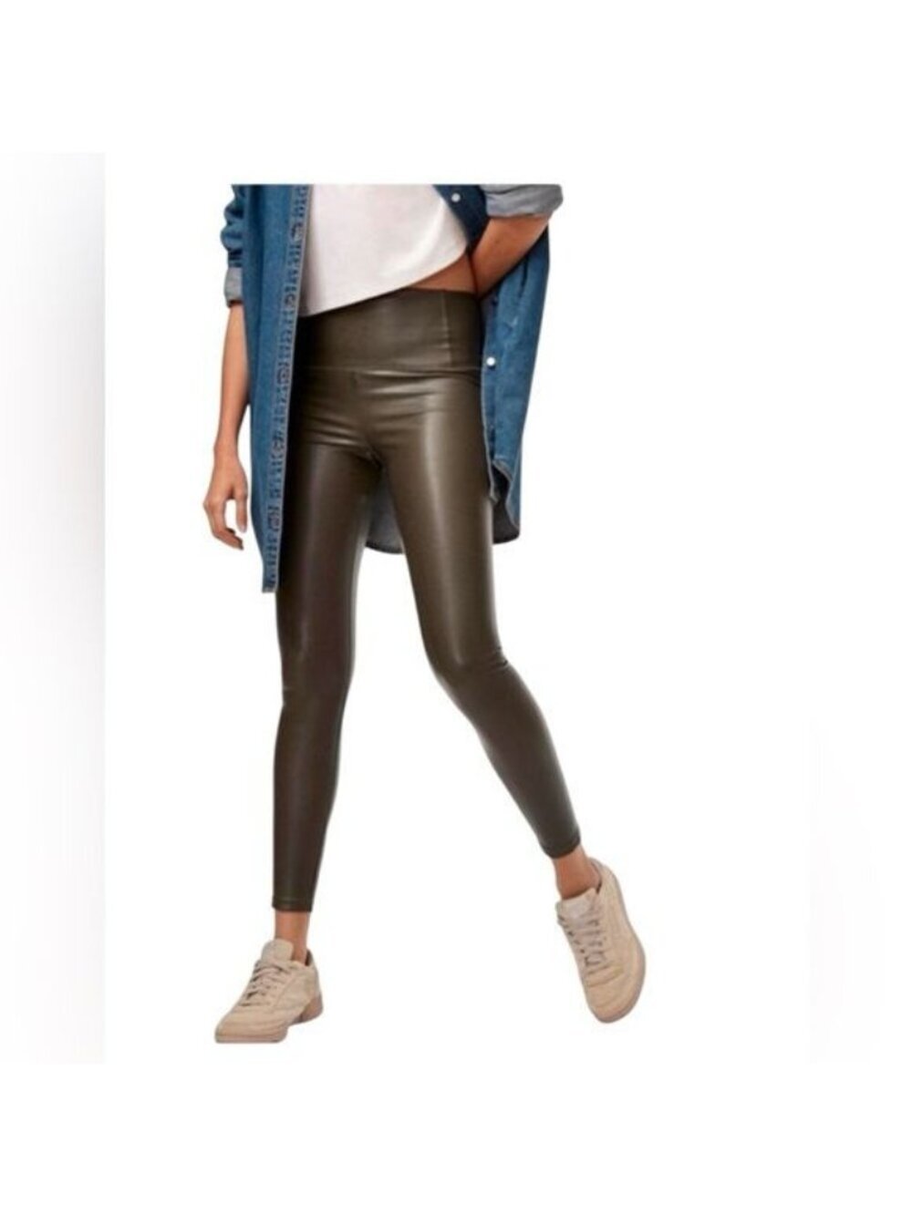 Wilfred Free Aritzia" Faux Leather Leggings XS Green  High Waist Stretch Womens